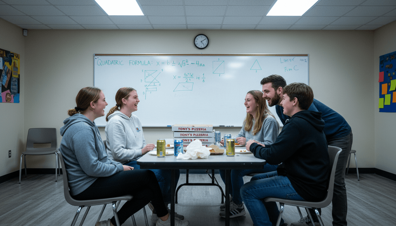 Teenagers laughing and talking with a mentor around a table with pizza