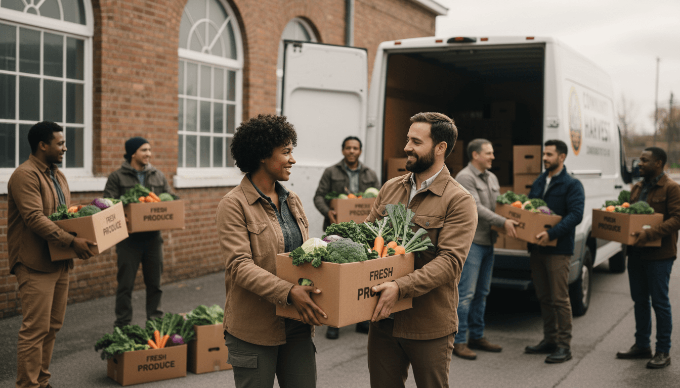 Volunteers unloading fresh produce from a van for a community food distribution event