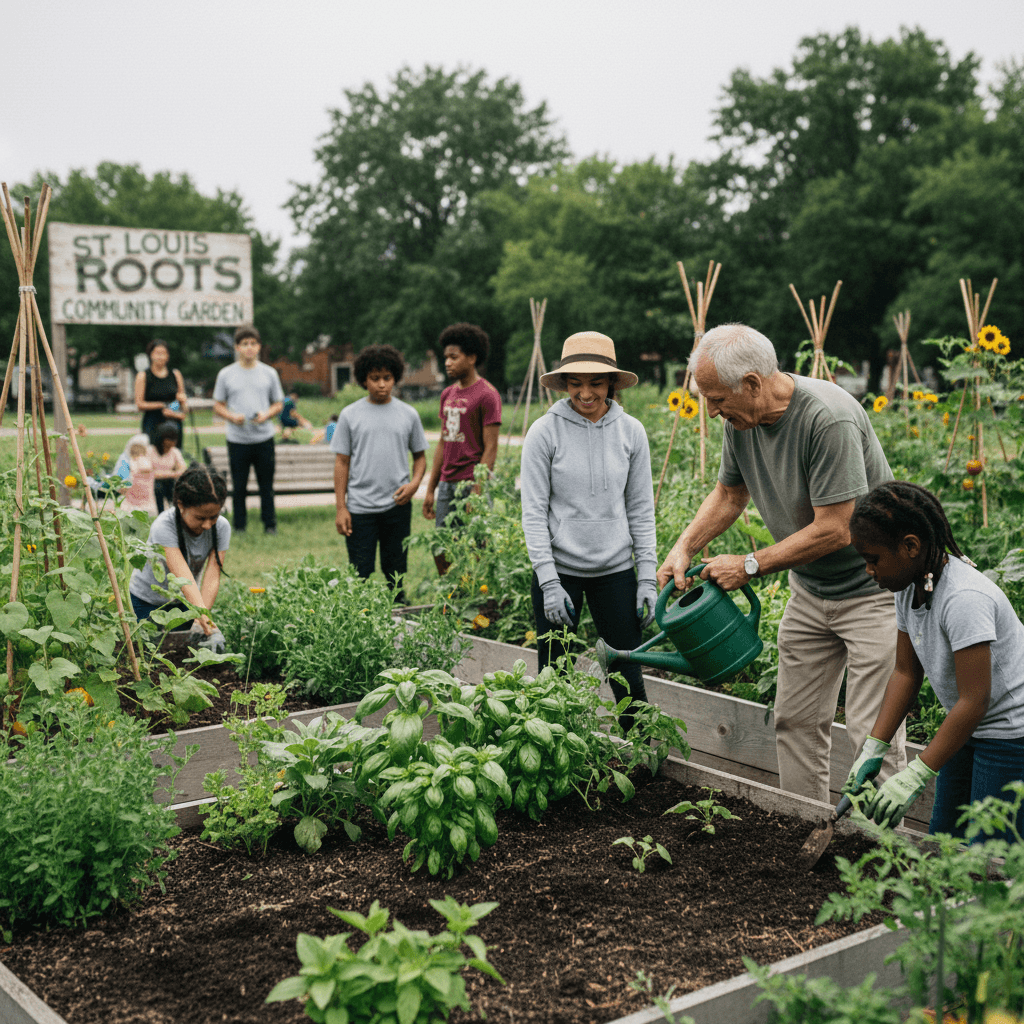 Community volunteers working together in an urban garden