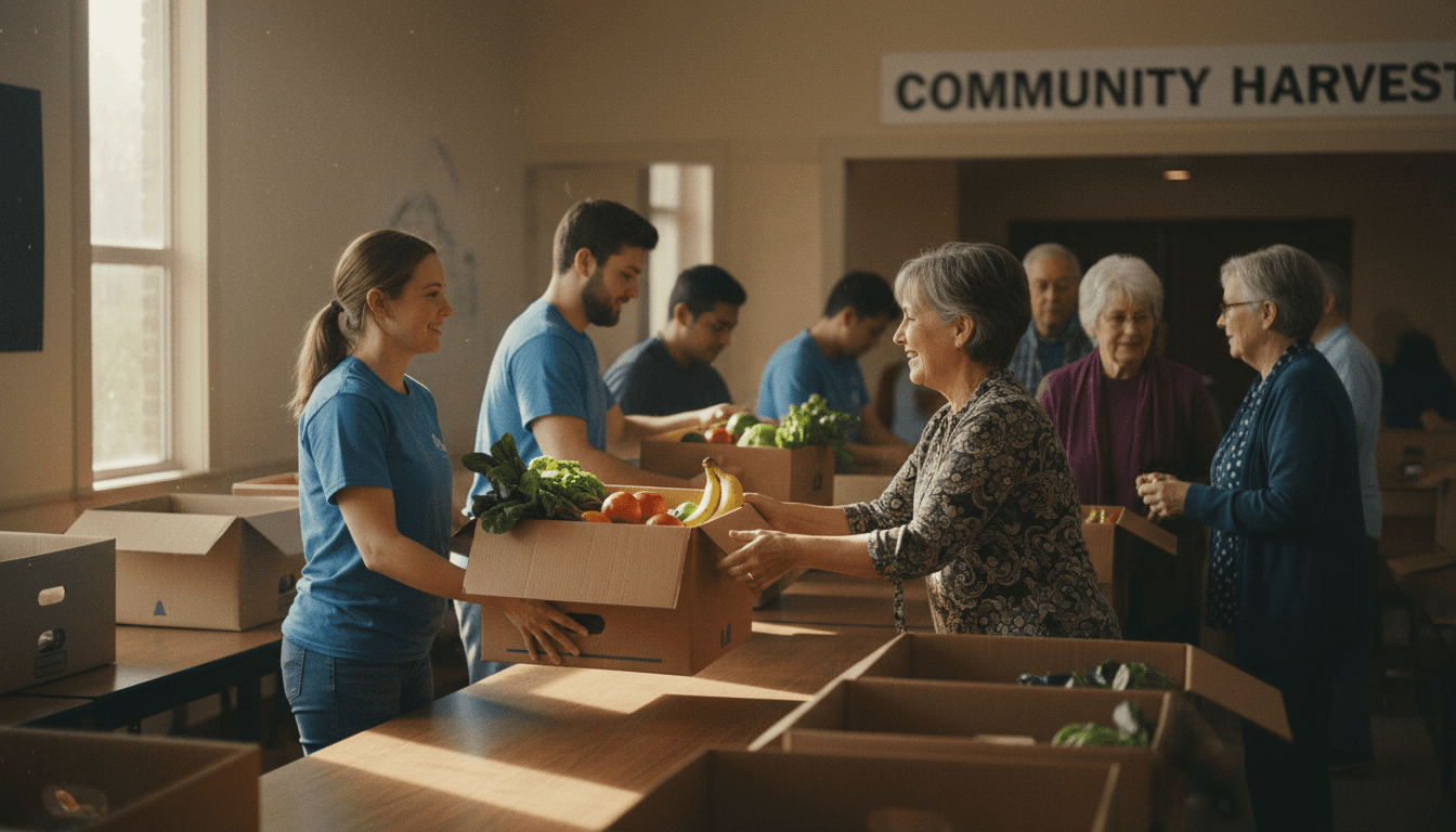 Volunteer handing a box of groceries to a woman at a church food distribution table
