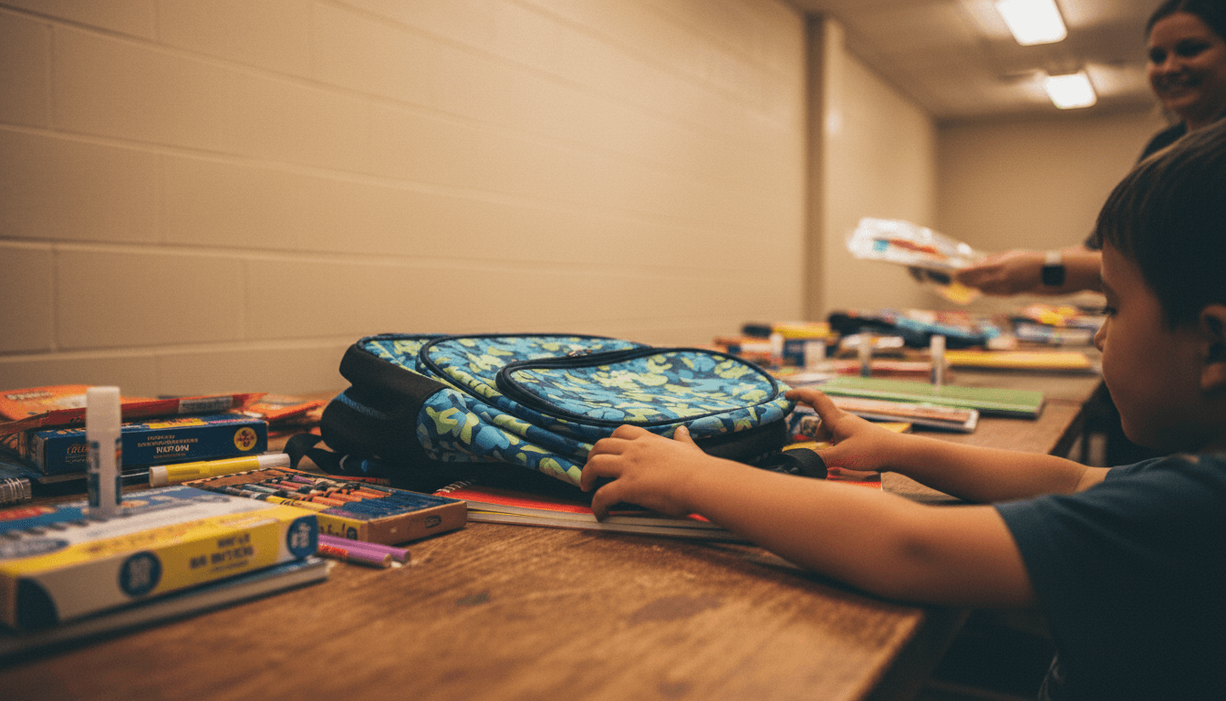 Child reaching for a new backpack at a school supply giveaway event
