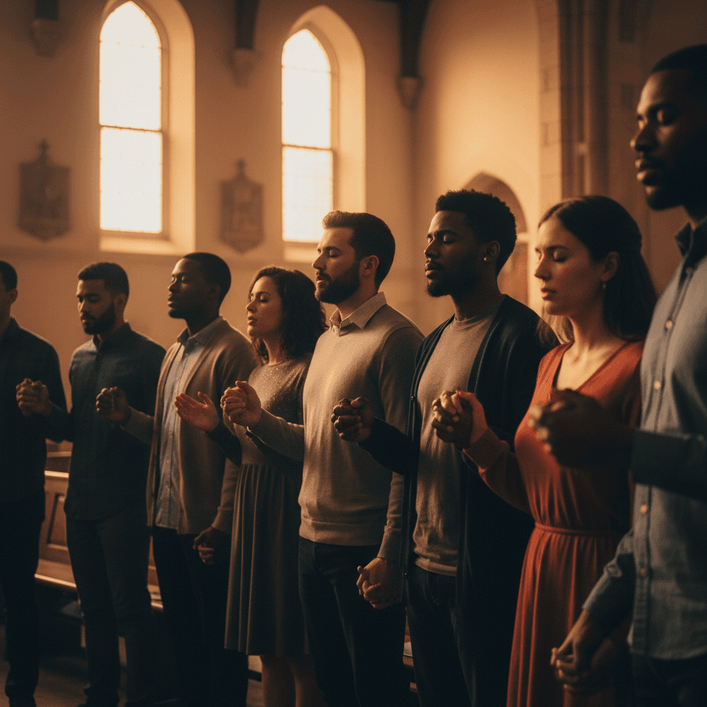 Community members gathered in prayer at Faithworks Fellowship Ministries