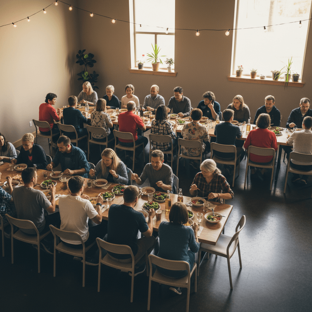 Community gathering and meal at a Faithworks Fellowship ministry event