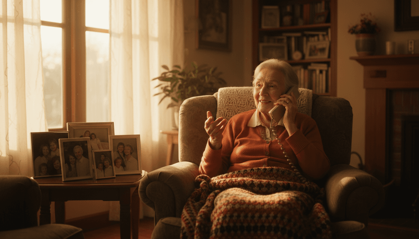 Elderly woman smiling while talking on the phone in a cozy living room