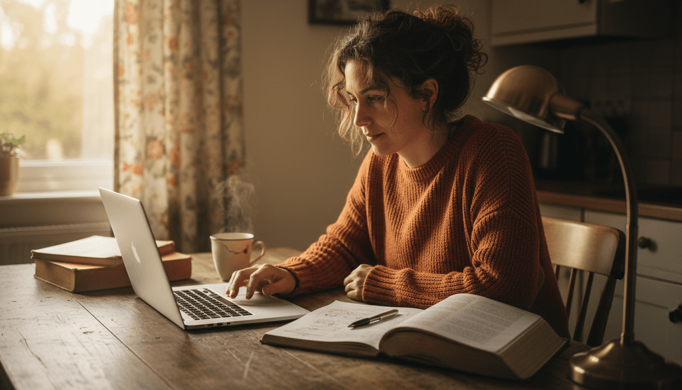 Adult learner studying at a kitchen table with books and a laptop