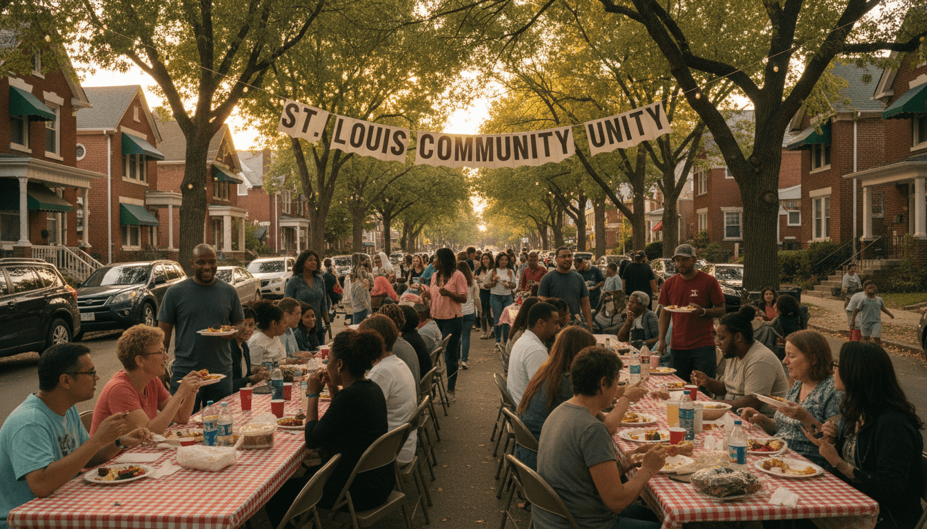 Diverse community members gathering outdoors at a block party with food and conversation in a St. Louis neighborhood