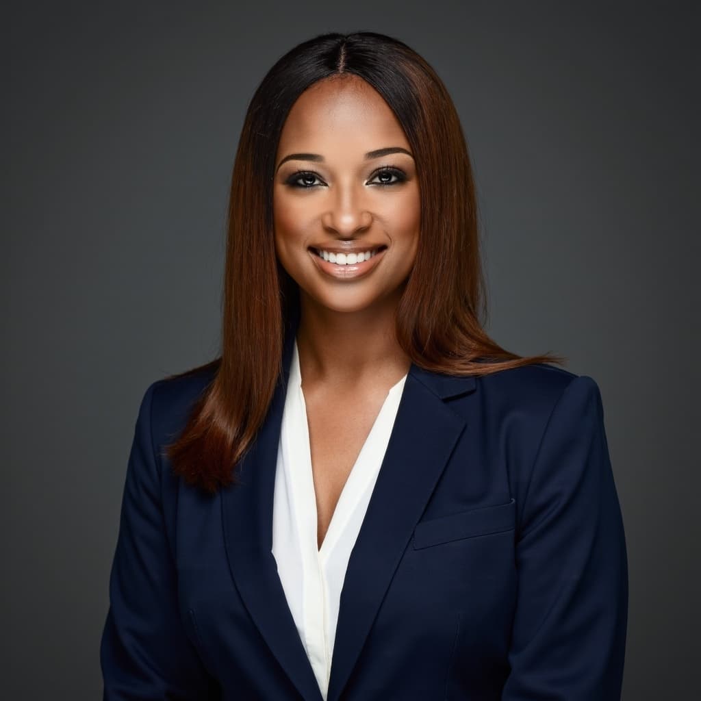 Smiling Black woman with long auburn hair wearing a navy blue blazer and white blouse.